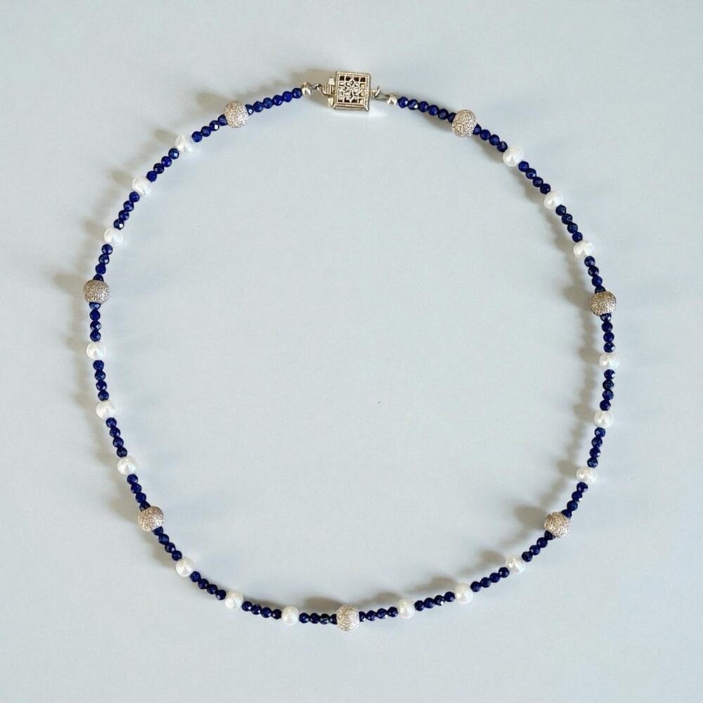 Vintage 90s Sterling Silver Lapis Lazuli Pearl Necklace 15” Dainty Elegant 925